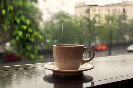 城市晨雨中的一杯咖啡背景图片
