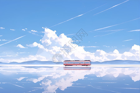 浩瀚盐湖下红色巴士背景图片