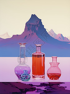 平台背景紫色山脉前的瓶子插画