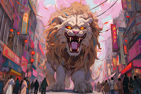 热闹街道中的狮子图片素材