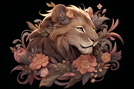 花朵围绕的狮头背景图片