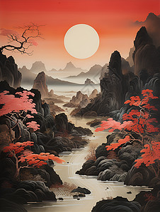 红色岩石一幅红树山水画插画