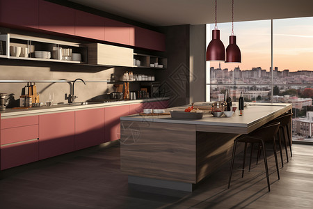 日出下的现代厨房背景图片