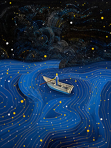 八角星漂浮特效星空中漂浮的孤独小船插画