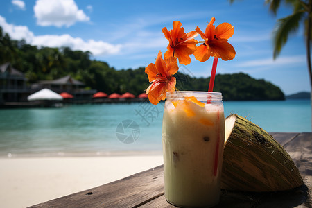 海滩椰子沙滩边的椰汁背景