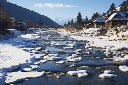 冰雪山林中的河流背景图片