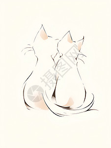 两只可爱猫咪的单线画背景图片