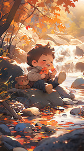 秋日河畔的男孩背景图片