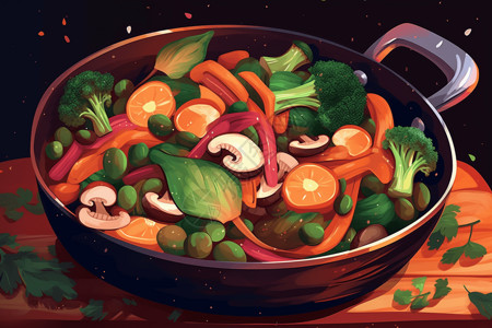 锅里的新鲜蔬菜五颜六色的炒菜插画