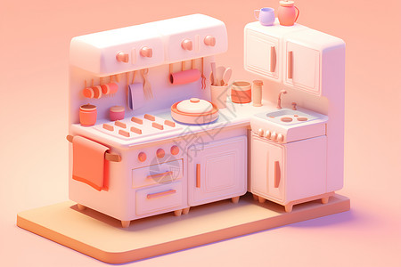 厨房3D柔粉色厨房小模型插画