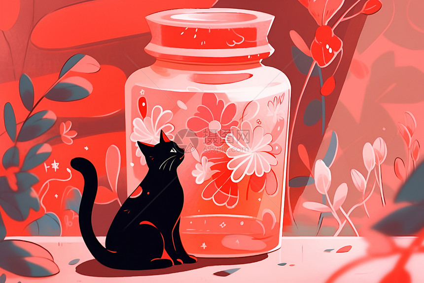 红瓶子附近的小黑猫图片