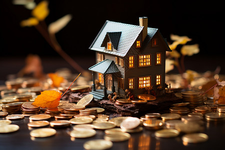 金币堆上的房屋模型背景图片