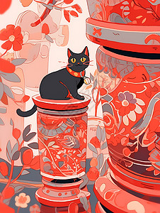 红色皮罐子上调皮的猫插画