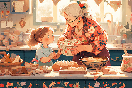 女孩与妈妈在厨房忙碌背景图片