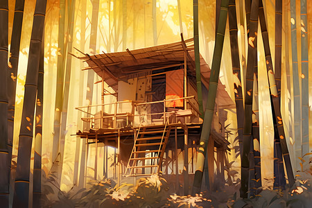 傍晚的竹林中一间小屋背景图片