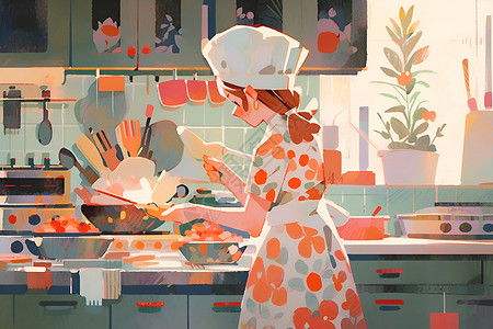 烘焙厨房厨房做饭的女孩插画