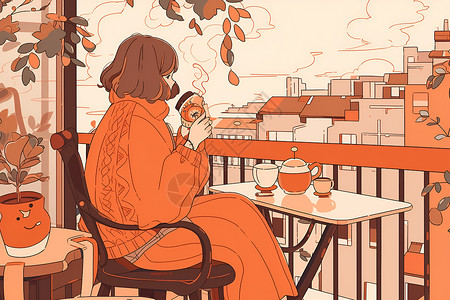 阳台上喝茶的女子背景图片