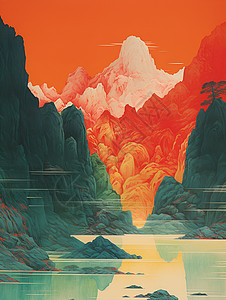 夕阳映照的山水画背景图片