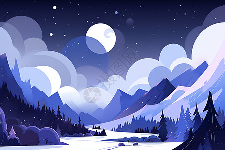 夜空雪山雪夜之下的山川插画