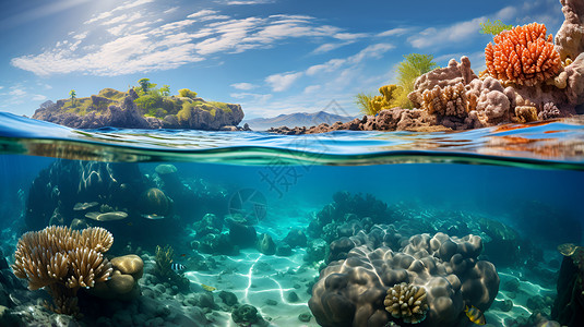 鱼群海草海底礁石和珊瑚背景