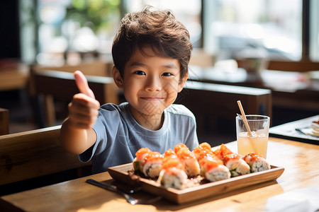 男孩餐桌前的寿司背景