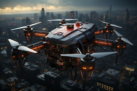 对空夜幕下城市上空的无人机设计图片