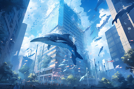 鲸鱼在城市上空的奇观背景图片