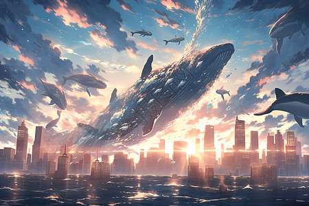 奇幻城市上空的鲸鱼背景图片