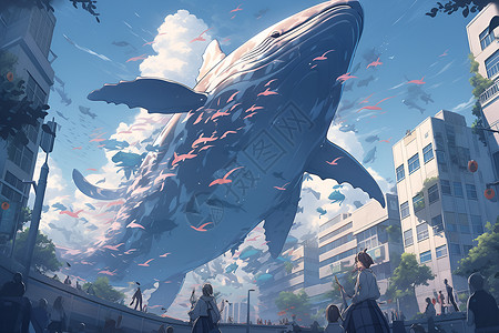 梦幻世界中城市上空的鲸鱼背景图片