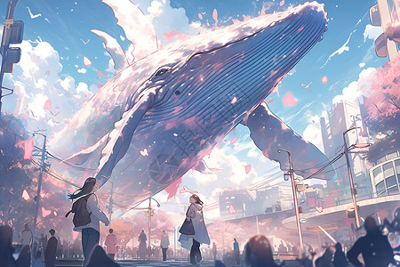 城市上空飞翔的鲸鱼背景图片