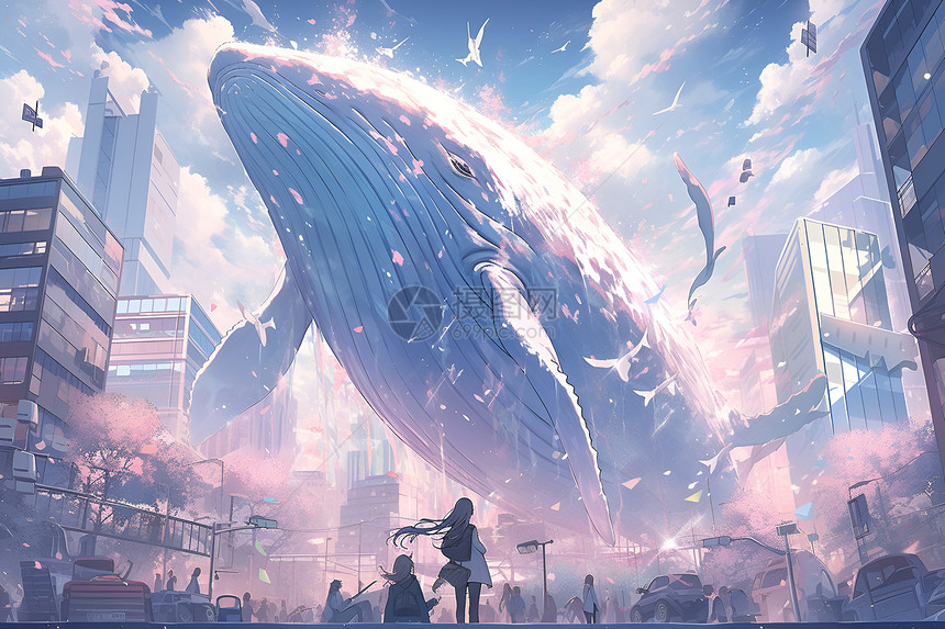 城市上空的巨鲸图片