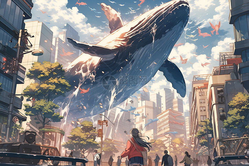 魔幻城市中飘浮的巨鲸图片