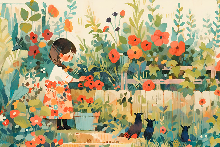 小女孩在后院种植种子图片