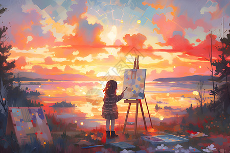 落日小艺术家在画架背景图片