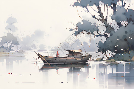 宁静湖畔漂浮的木船背景图片