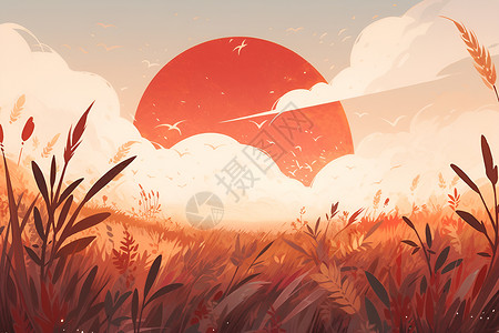 红日照耀青草地背景图片