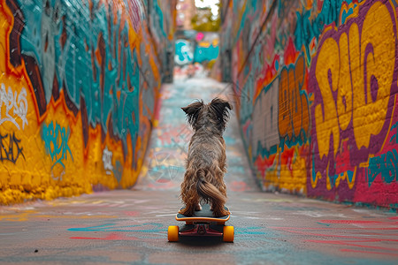 狗仔拿手机偷拍街头滑板狗仔与涂鸦艺术背景