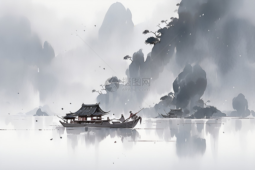 山水画中的一艘木船在宁静湖泊上漂浮图片
