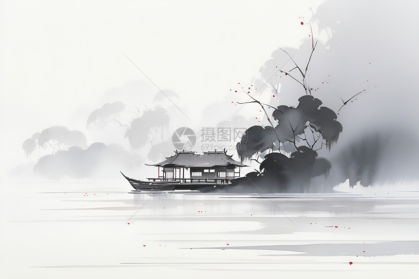 木船在迷雾笼罩的湖面上漂浮图片
