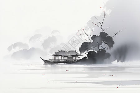 迷雾峭壁湖木船在迷雾笼罩的湖面上漂浮插画