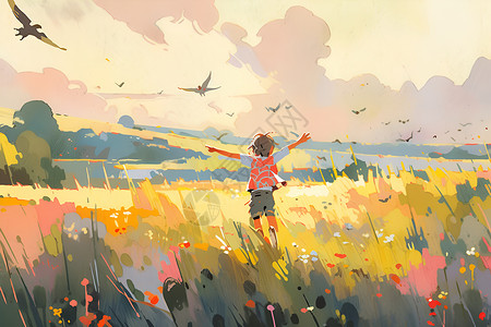 奔跑的小男孩草地上一个小男孩插画