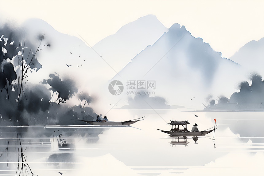 湖上雾霭中的木船图片