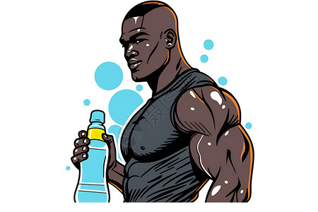 强壮男士健身爱好者手持水瓶插画