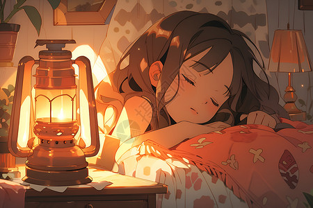 温馨的卧室入睡中的少女插画