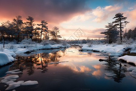 冬日黄昏的雪地河流高清图片