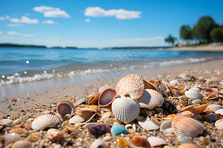 美丽沙滩色彩斑斓的贝壳点缀沙滩背景