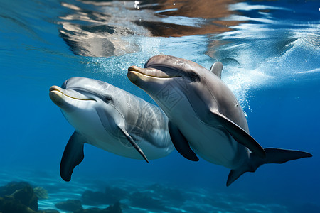 断尾巴海洋中两只海豚背景
