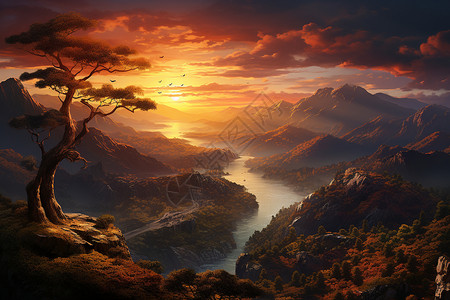 夕阳山峰美景背景图片