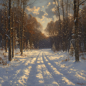 冬季树林中的道路背景图片