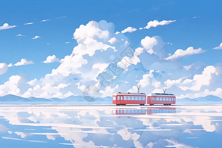 湖泊上行驶的红色列车背景图片